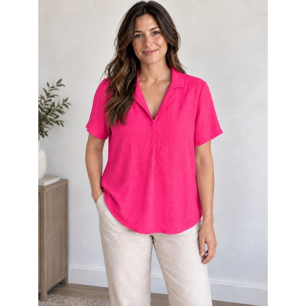 Hilary Radley Pink Notched Collar V-Neck Short Sleeve Blouse Top Size S